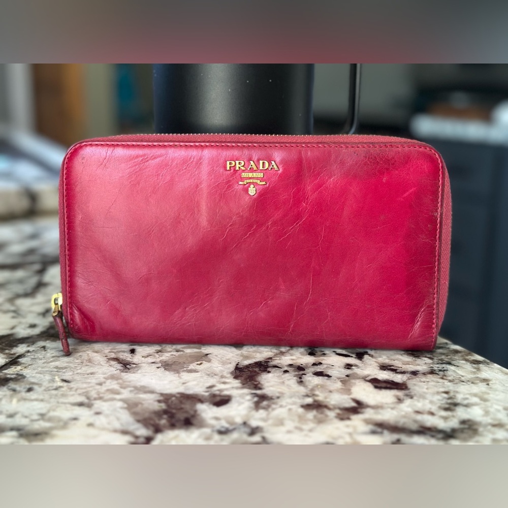 Prada Fushia  Leather Wallet with Gold Accents